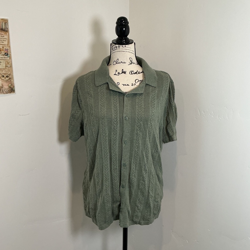 Hollister Pointelle Knit Button Up Polo Shirt Sage Green Chevron Vintage Large